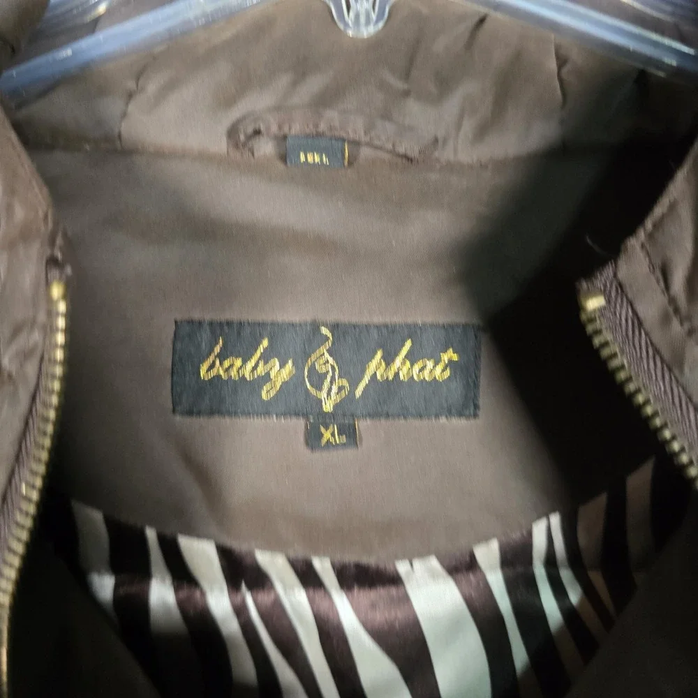 Vintage Y2K Baby Phat Jacket Women's XL Bomber Puffer Brown Hooded Cat Logo Down